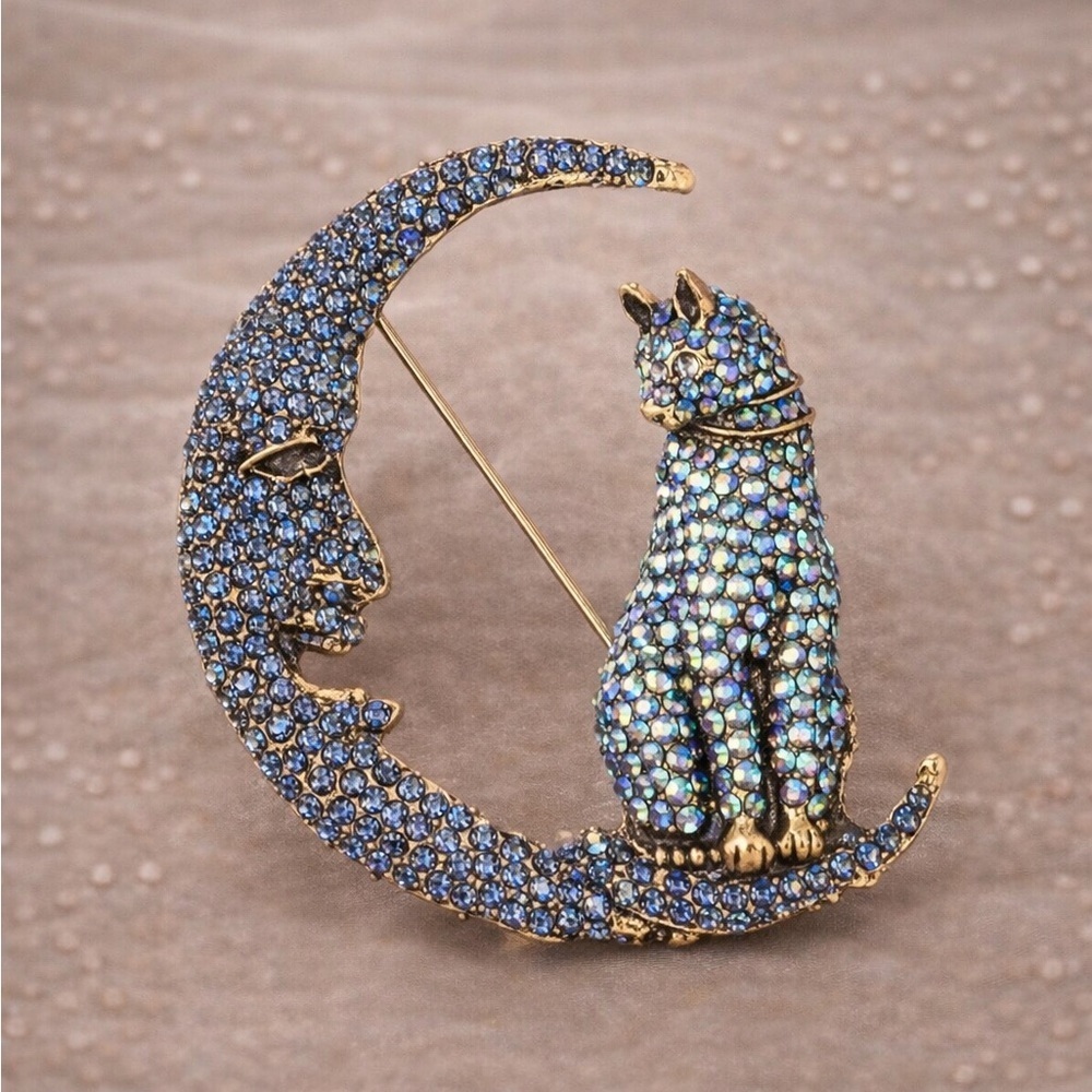 Blue Cat Moon Crystal Brooch